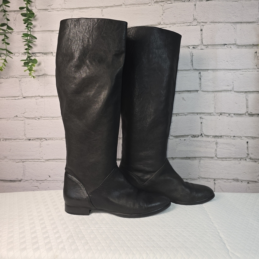 J. CREW BLACK SOFT LEATHER PULL ON KNEE HIGH BLACK BOOTS WOMENS SIZE 8